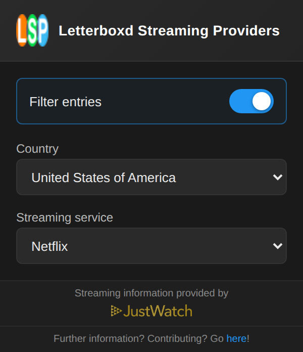 The Letterboxd Streaming Providers popup with the filter switched on, United States of America as the country and Netflix as the streaming service